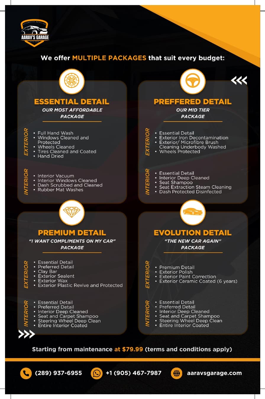 Aarav's Garage detailing packages brochure
