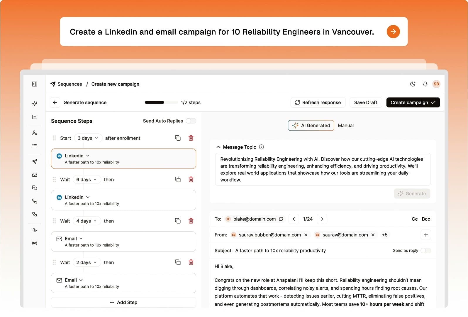 Fuse AI product: one prompt becomes a LinkedIn and email sequence