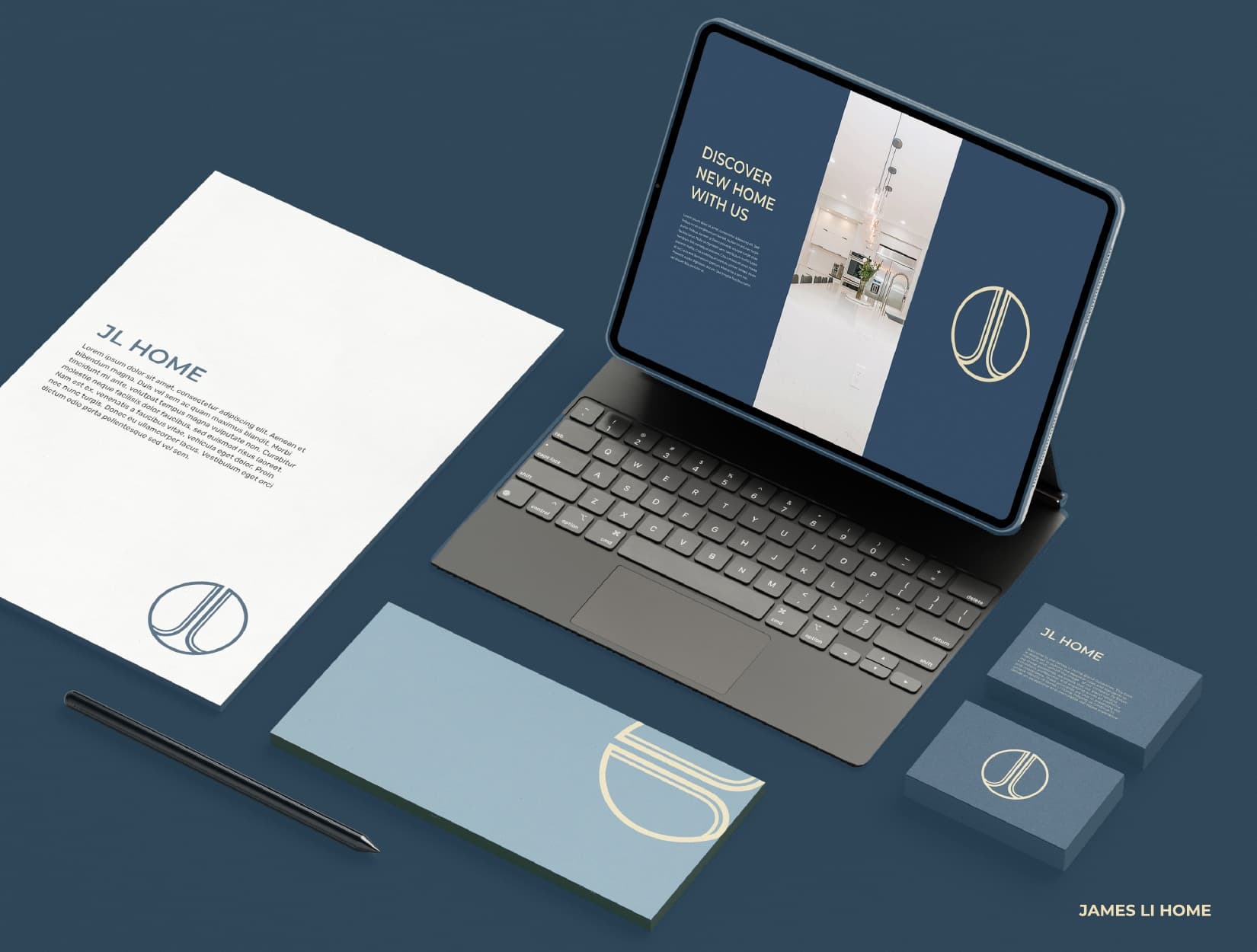 James Li Home stationery and device mockups in navy and champagne