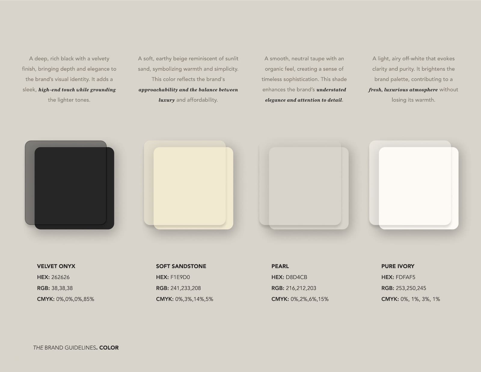 Primary palette: Velvet Onyx, Soft Sandstone, Pearl, Pure Ivory