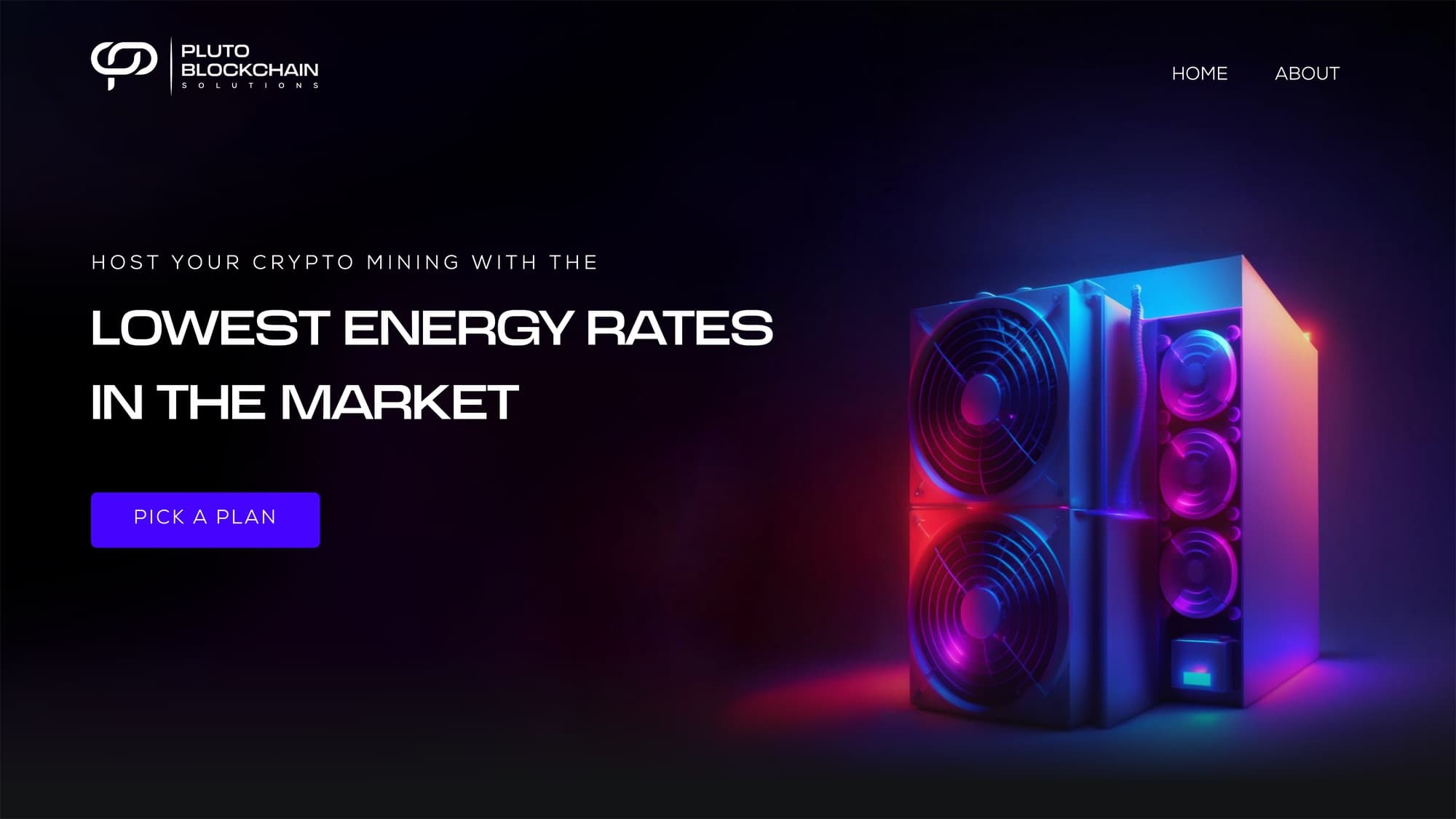 Pluto Blockchain Solutions homepage design: purple-glow ASIC hero