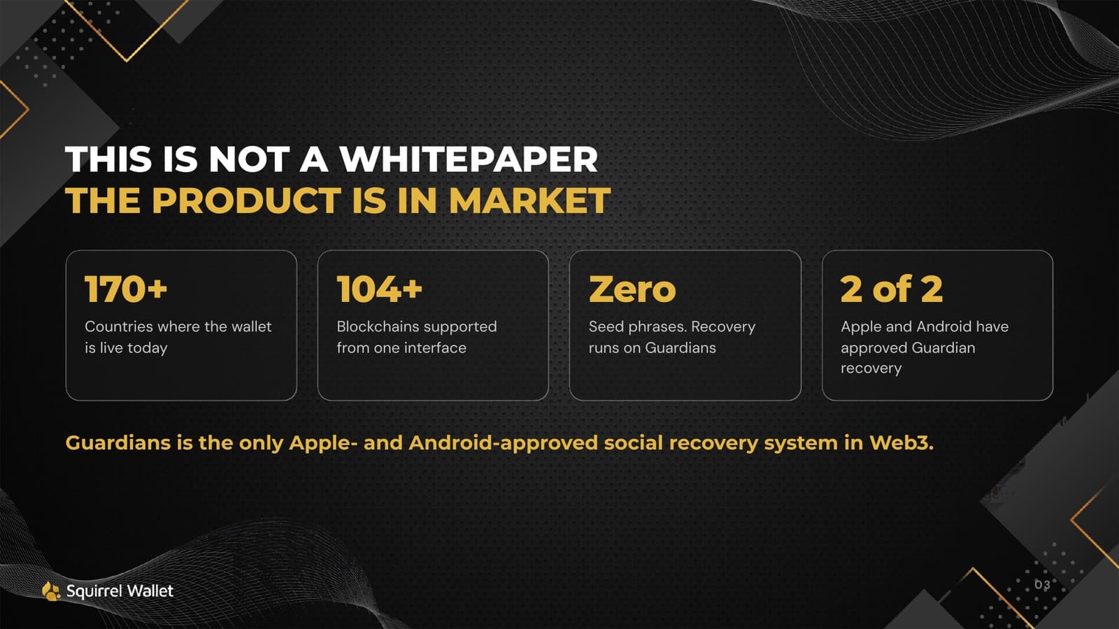 The product is in market: 170+ countries, 104+ chains, zero seed phrases